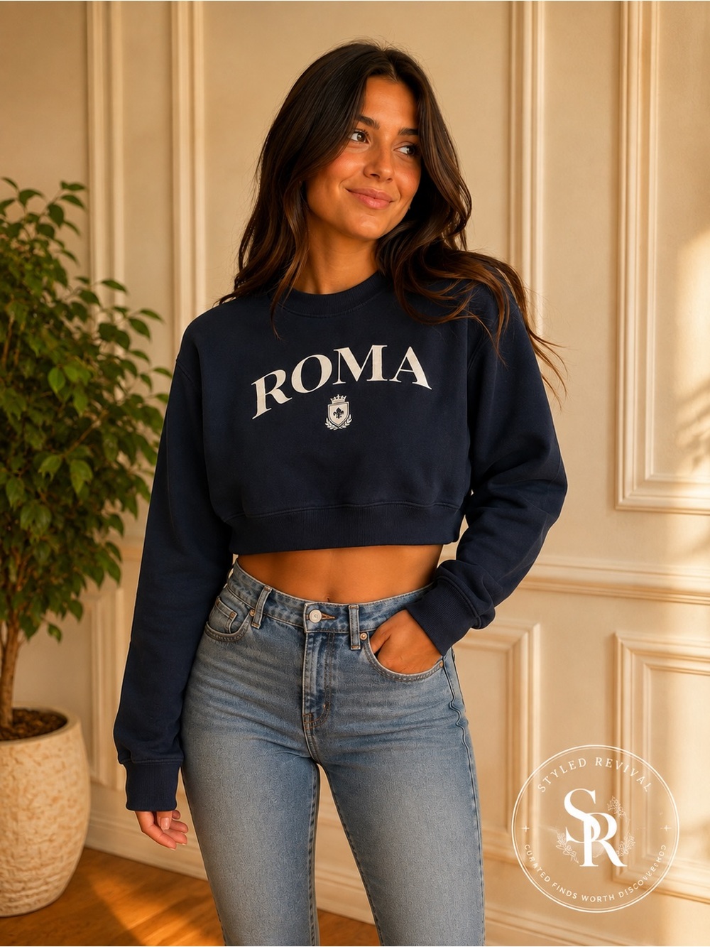 Urban Social ROMA Cropped Sweatshirt Navy Graphic Pullover Size Large